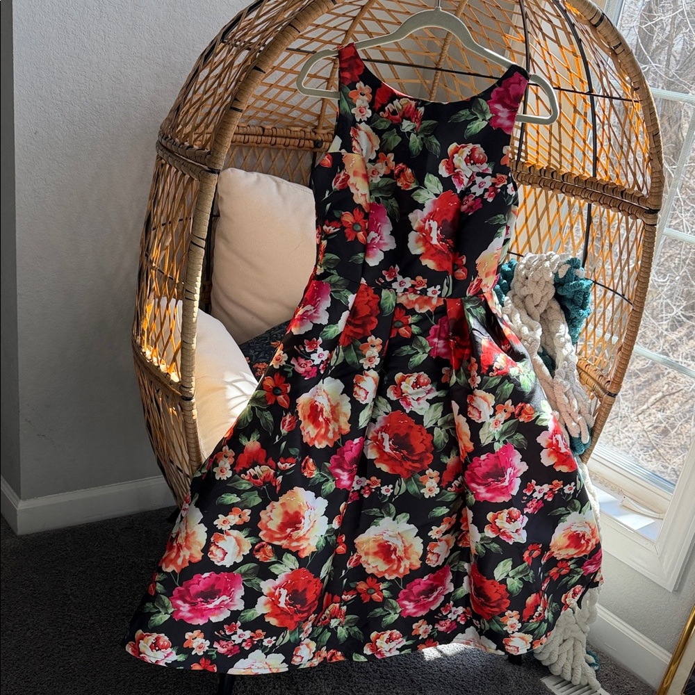 Chicwish Black Midi Dress with Red, Pink & Cream Floral Print